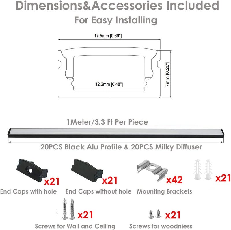 Besseto 20Pack 3.3Ft/1M Black LED Aluminum Channel,LED Strip Light Diffuser Aluminum Channel Profile Housing Track for Under Cabinet Counter and Stairs (Black-20Pack 3.3ft) - Image 2